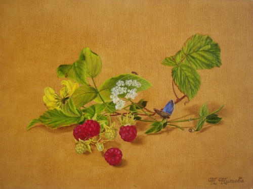 Копия картины Толстого Ф. П. "Ветка малины, бабочка и м